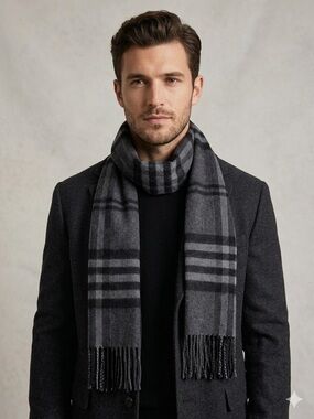 Enzo Mantovani Cashmere Wool Plaid Scarf Black Gray Luxury Soft Cozy Fringe nwt